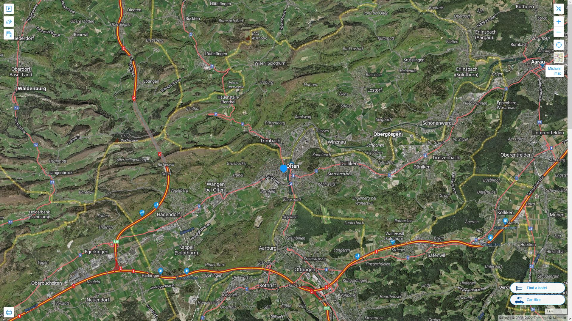 Olten Suisse Autoroute et carte routiere avec vue satellite